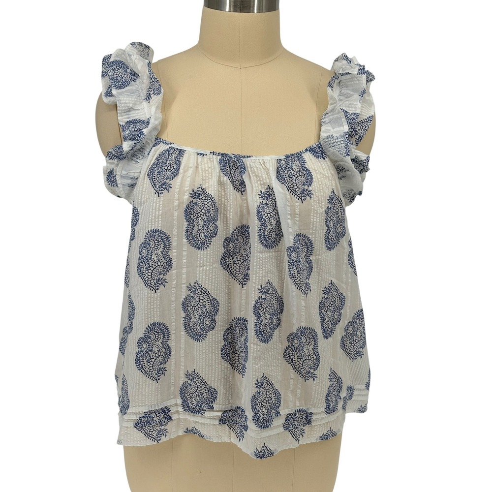 Wonderly Blouse White Blue Paisley Ruffle Sleeve 100% Cotton XXL